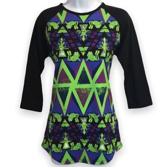 𝅺it’s Kermieee! LuLaRoe Randy Disney Kermit The Frog Baseball Stretch Shirt XS - Picture 1 of 13